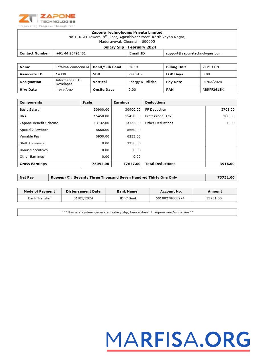 Downloadable Zapone Technologies payslip template